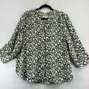 Jach’s Girlfriend Blouse Sz M Olive & Cream Polyester Button Front 3/4 Like New
